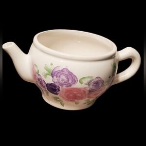 Ceramic Tea Pot / Flower Pot  4" tall, white w/ purple, pink, green